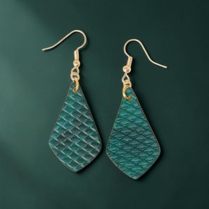 Boucles d'oreilles forme larme en cuir teinture vert d'eau, texturage poisson fin, vues de face, suspendues à des boucles dorées sur fond dégradé