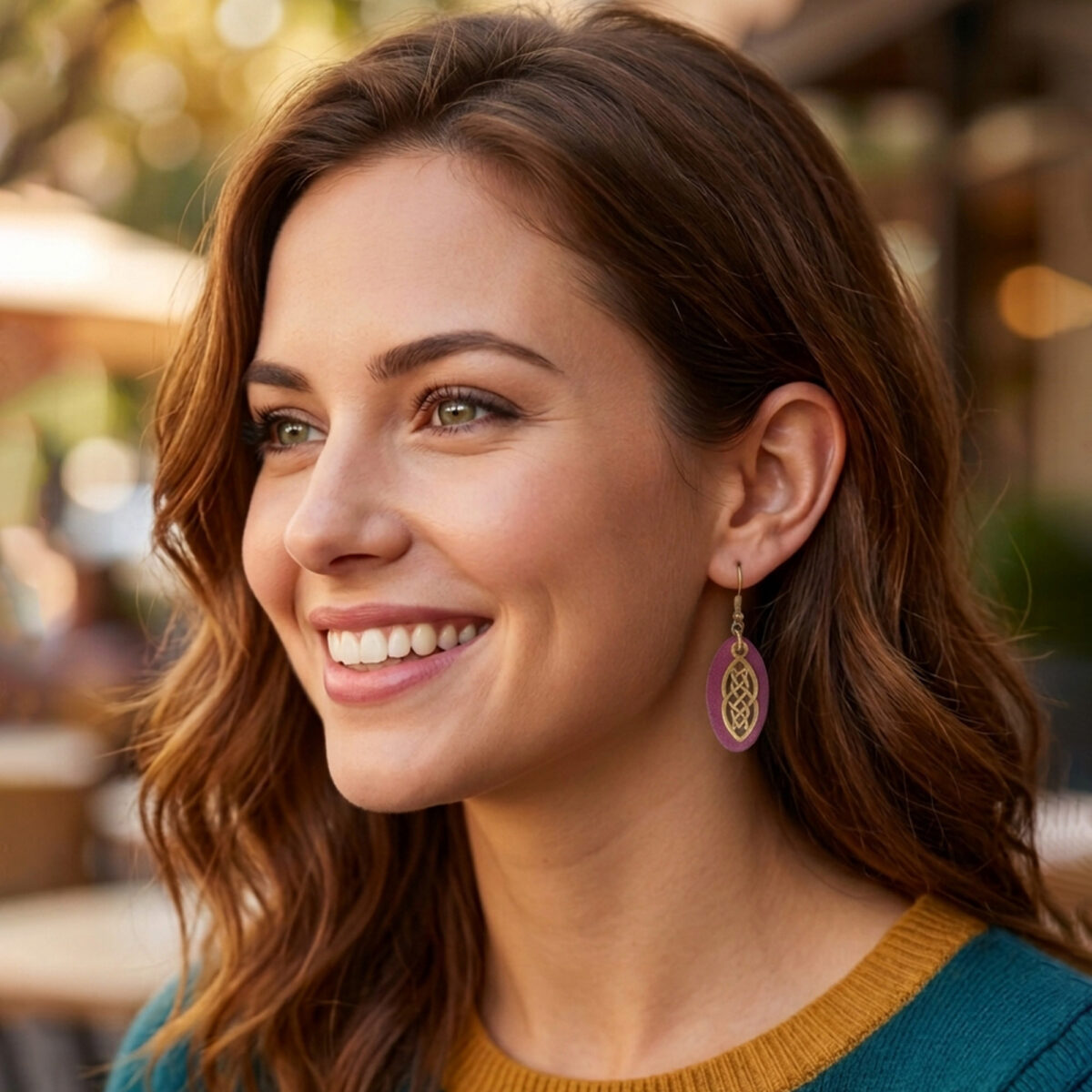 Boucles d'oreilles ovales en cuir teinté violet, finition lisse et pendant celtique, vues de face, suspendues à des boucles couleur bronze sur un mannequin virtuel