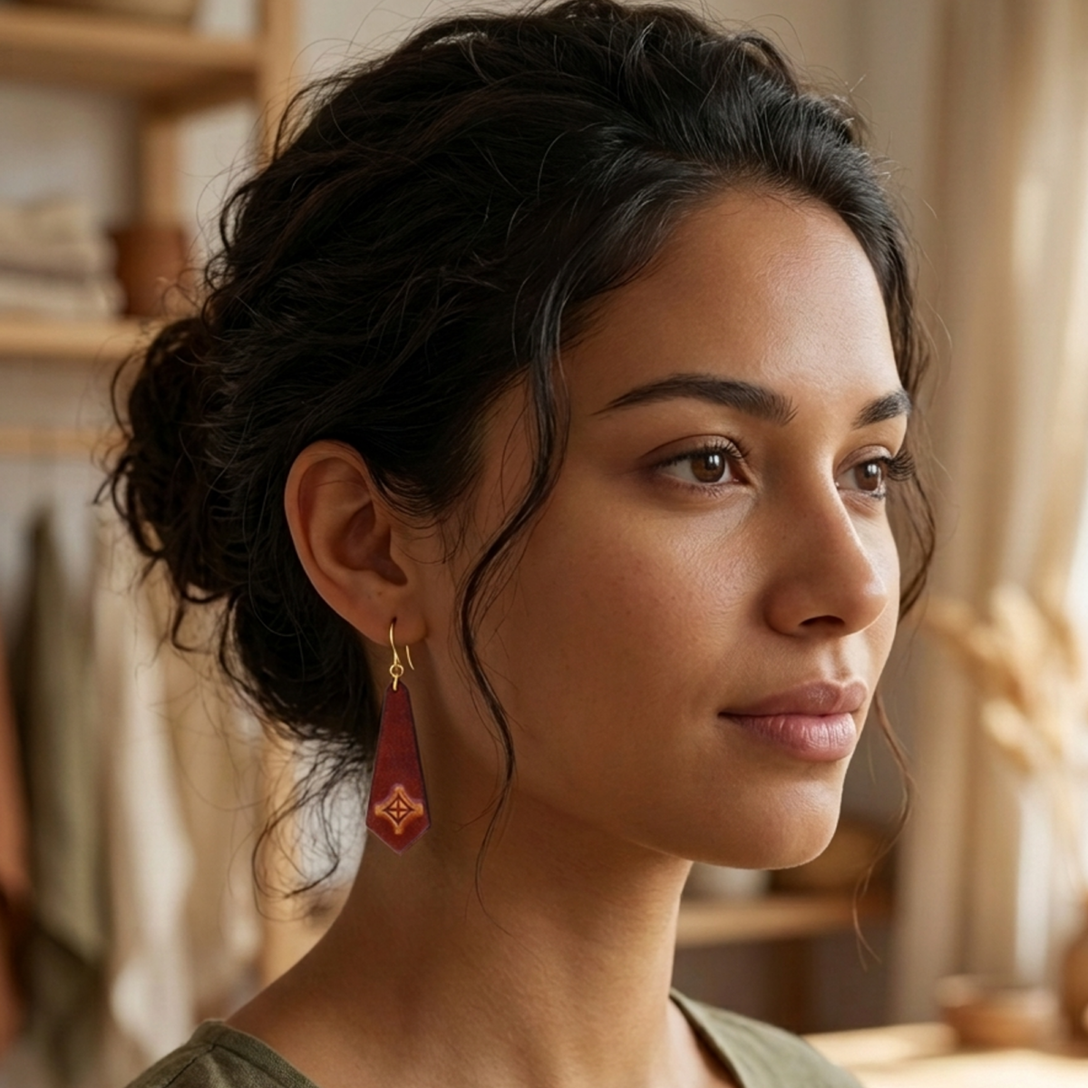 Boucles d'oreilles cravates en cuir teinte cognac, estampage croix teintée jaune, vues de face, suspendues à des boucles dorées sur un mannequin virtuel