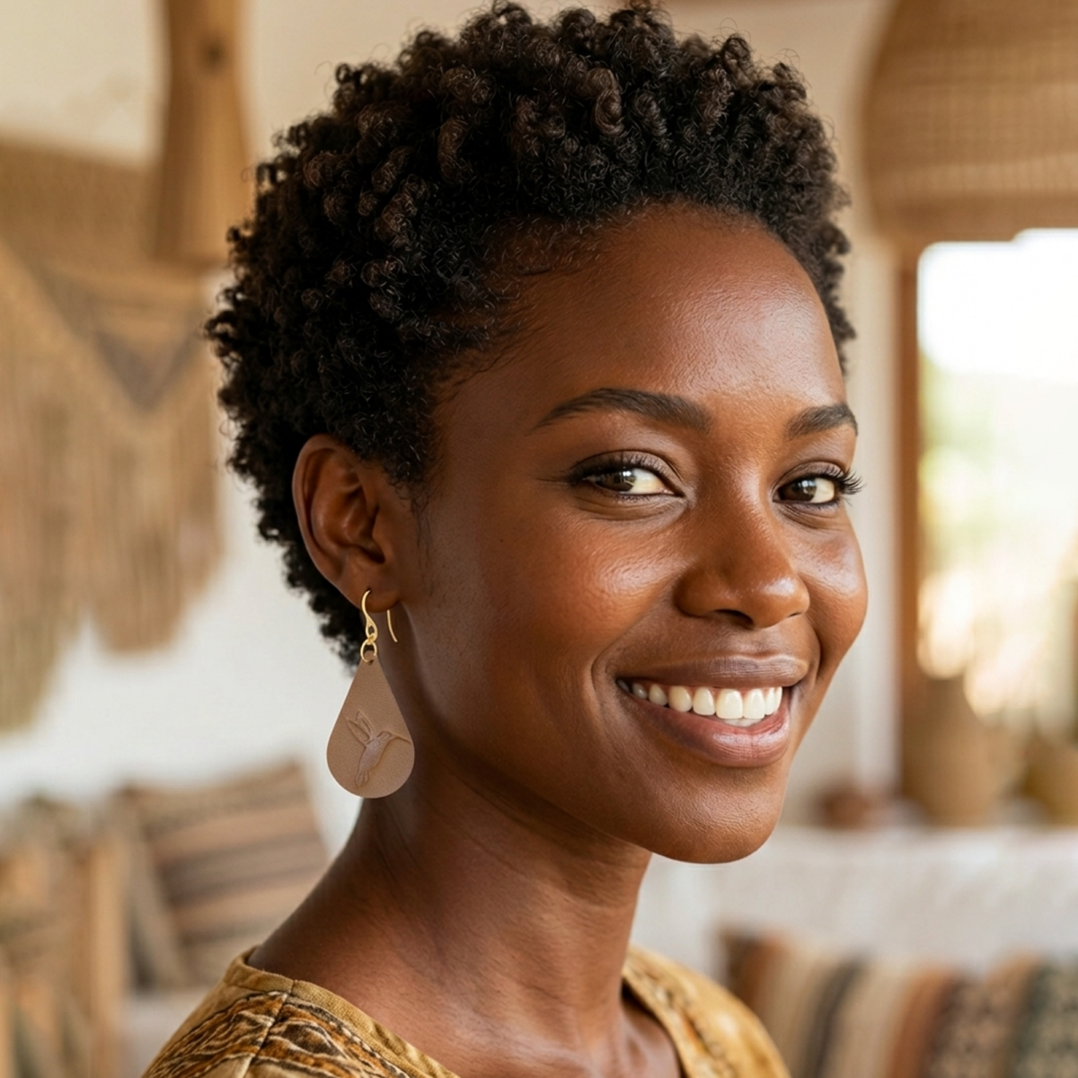 Boucles d'oreilles forme goutte d'eau en cuir marron, estampages colibri, vues de face, suspendues à des boucles dorées sur un mannequin virtuel