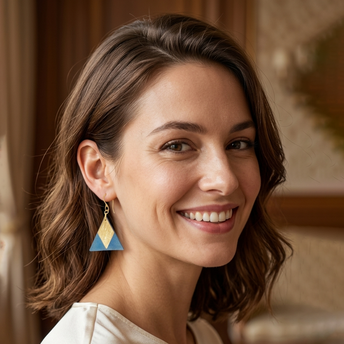 Boucles d'oreilles forme triangulaire en cuir teinture bleue, finition lisse et pendants losange dorés brossés vues de face, suspendues à des boucles dorées sur une mannequin virtuel