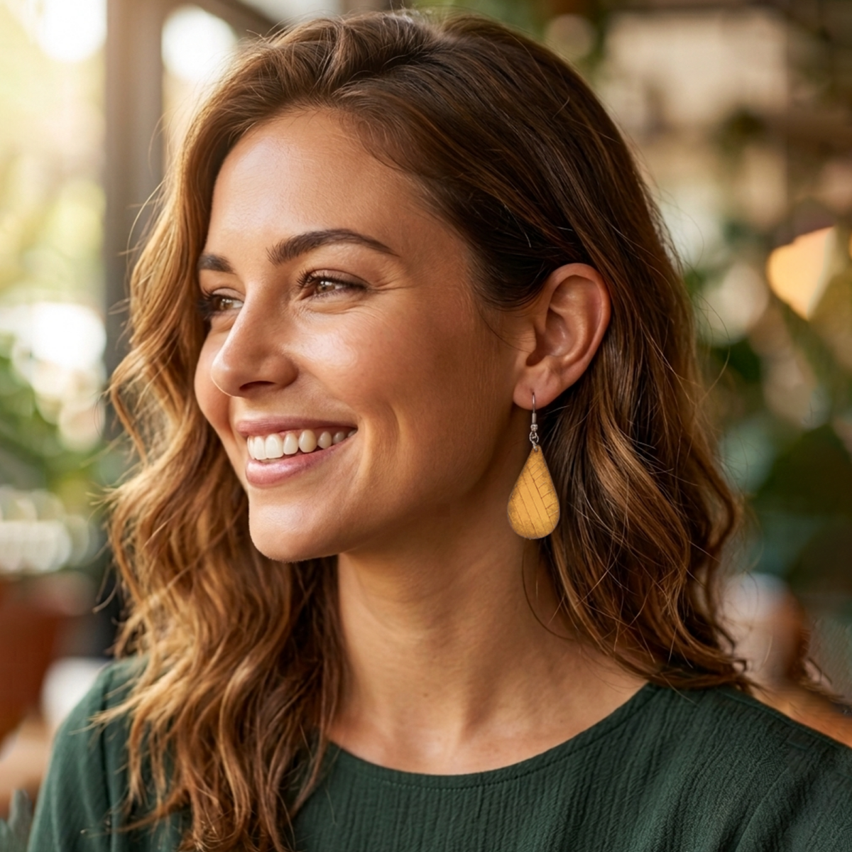 Boucles d'oreilles forme goutte d'eau en cuir teinture jaune dégradée, finition griffée, vues de face, suspendues à des boucles argentées sur un mannequin virtuel