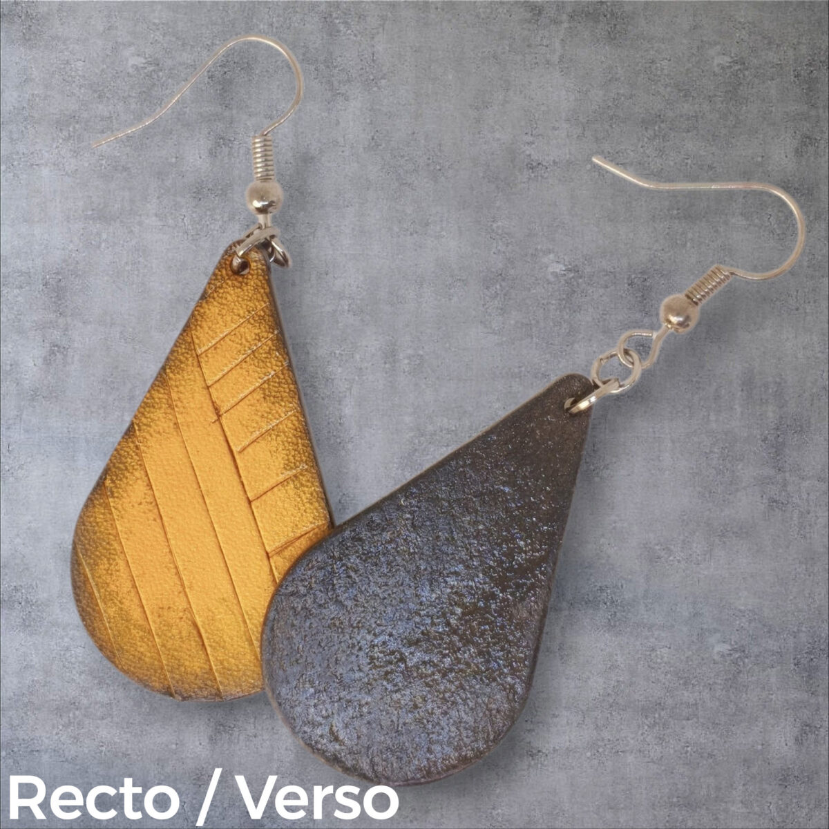 Boucles d'oreilles forme goutte d'eau en cuir teinture jaune dégradée, finition griffée, vues recto - verso se chevauchant, suspendues à des boucles argentées