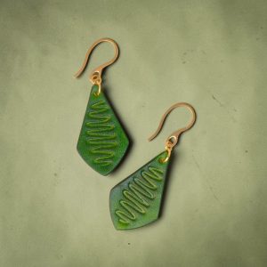 Boucles d'oreilles forme larme en cuir teinture vert forêt, estampage "Lombard Street", vues de face, suspendues à des boucles dorées sur fond vert dégradé