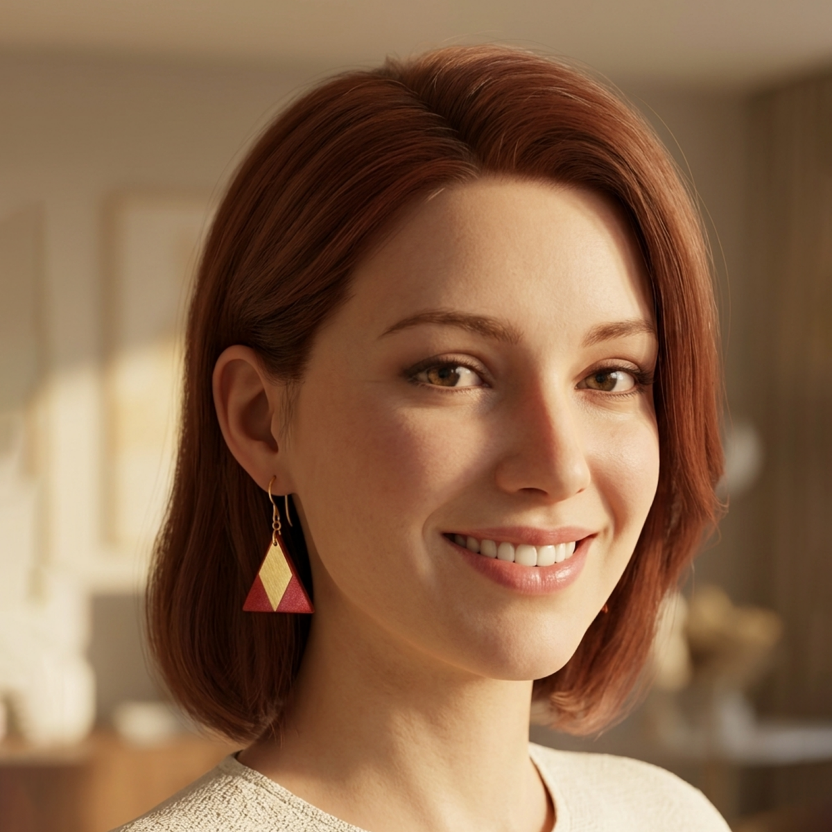 Boucles d'oreilles forme triangulaire en cuir teinture cognac, finition lisse et pendants losange dorés brossés vues de face, suspendues à des boucles dorées sur un mannequin virtuel