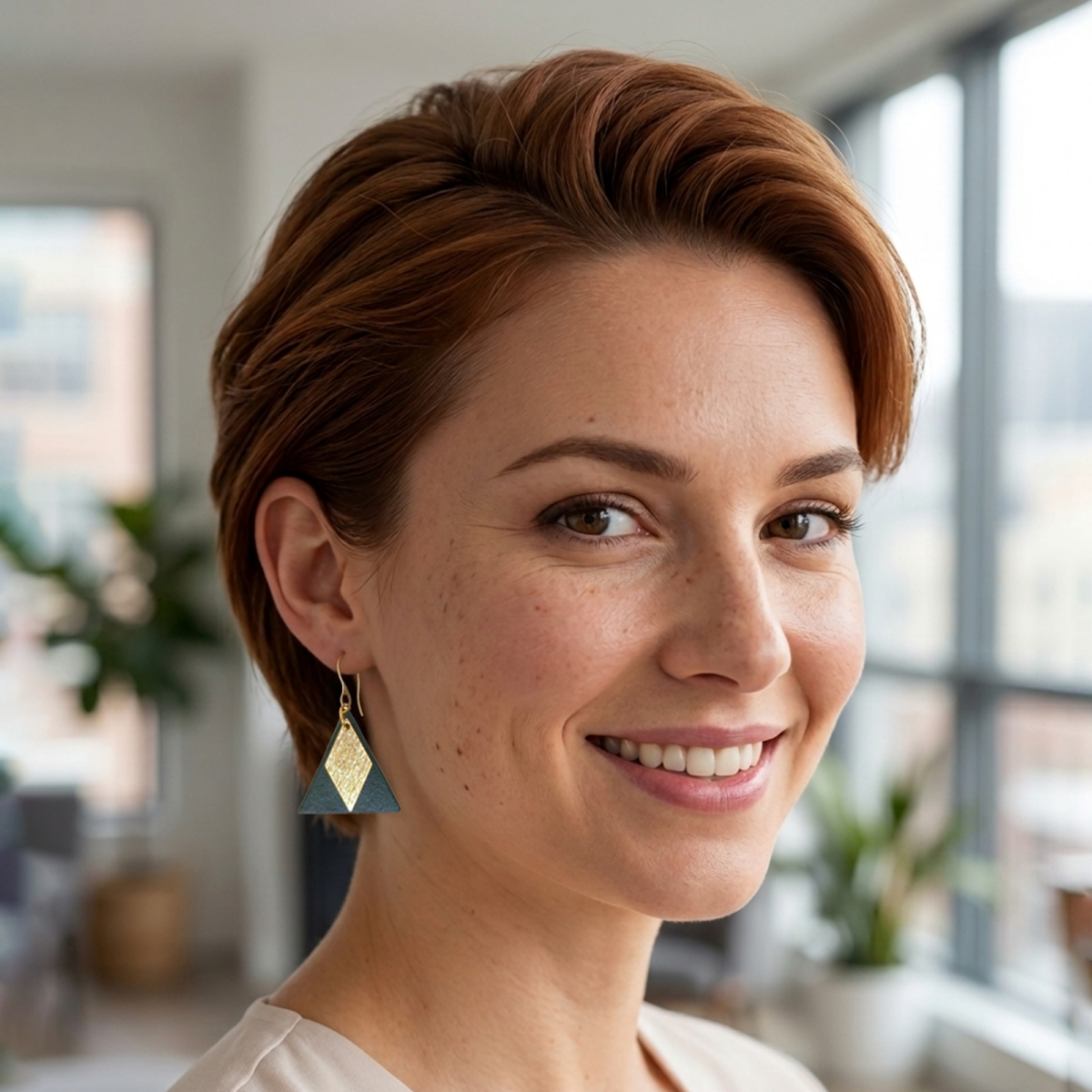 Boucles d'oreilles forme triangulaire en cuir teinture vert sombre, finition lisse et pendants losange dorés brossés vues de face, suspendues à des boucles dorées sur un mannequin virtuel