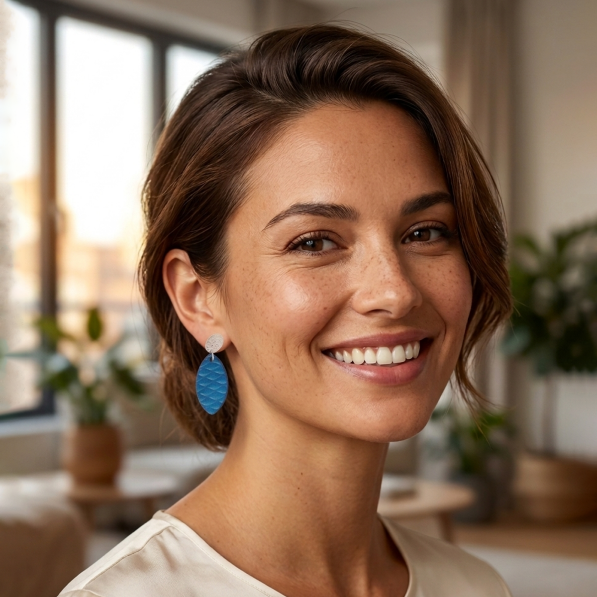 Boucles d'oreilles forme poisson en cuir teinture bleu, texturage poisson large, vues de face, suspendues à des boucles argentées sur un mannequin virtuel