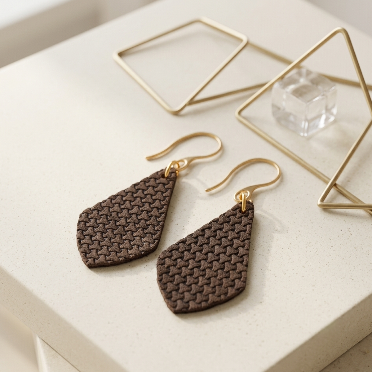 Boucles d'oreilles forme larme en cuir texturé, vues de face, suspendues à des boucles dorées, fond design