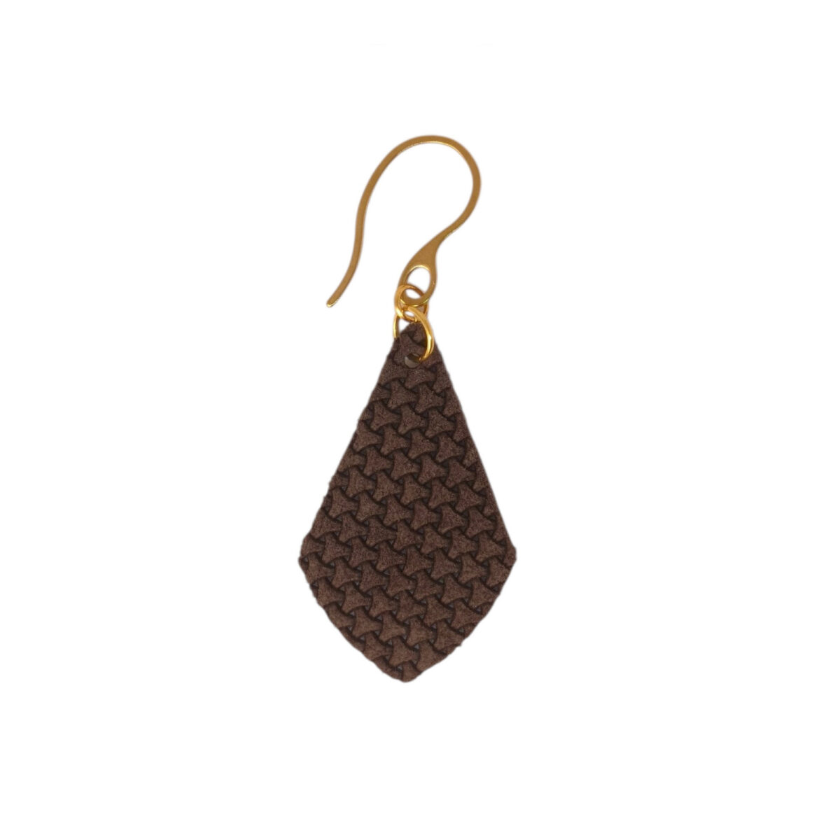 Boucle d'oreille forme larme en cuir texturé, vue de face, suspendues à des boucles dorées, fond blanc