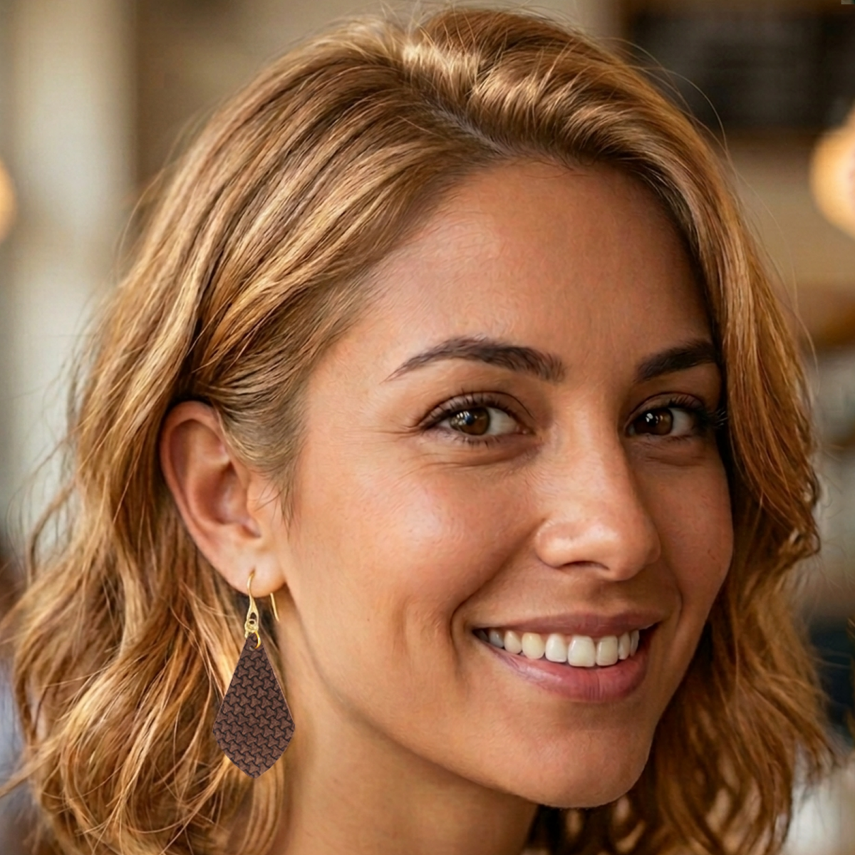 Boucles d'oreilles forme larme en cuir texturé, vues de face, suspendues à des boucles dorées sur mannequin virtuel