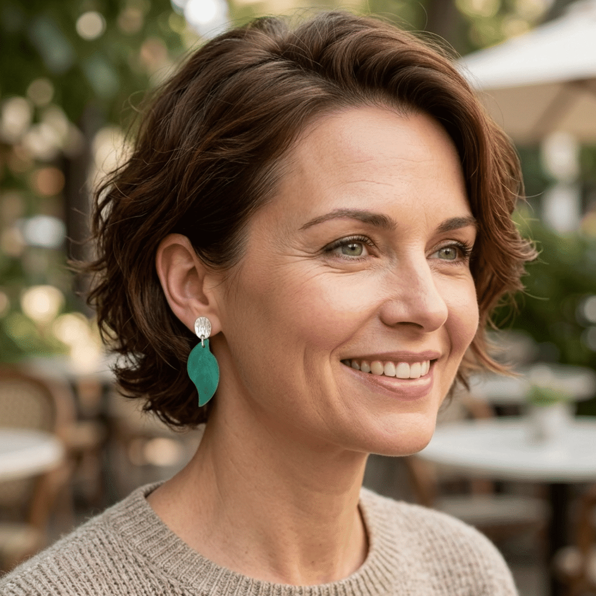 Boucles d'oreilles forme feuille asymétrique en cuir teinté vert d'eau, finition lisse, vues de face, suspendues à des boucles argentées sur un mannequin virtuel, grande taille