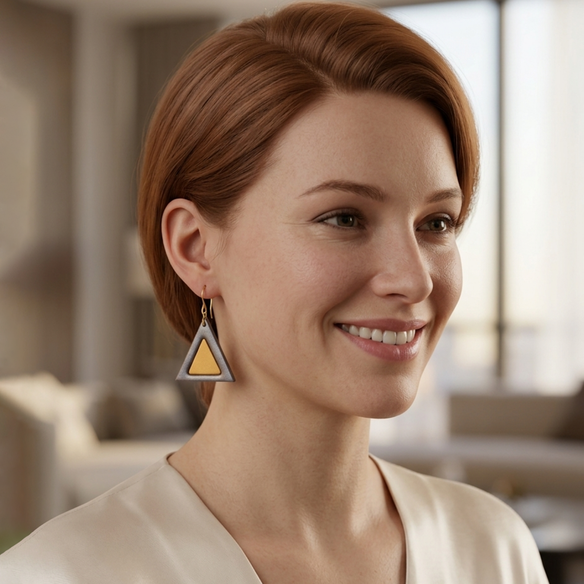 Boucles d'oreilles forme triangulaire double asymétrique en cuir teinture noire et jaune, finition lisse, vues de face, suspendues à des boucles dorées sur un mannequin virtuel