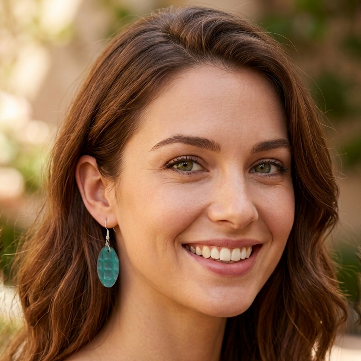 Boucles d'oreilles ovales en cuir teinte vert d'eau, texturage carrés, vues de face, suspendues à des boucles argentées sur un mannequin virtuel